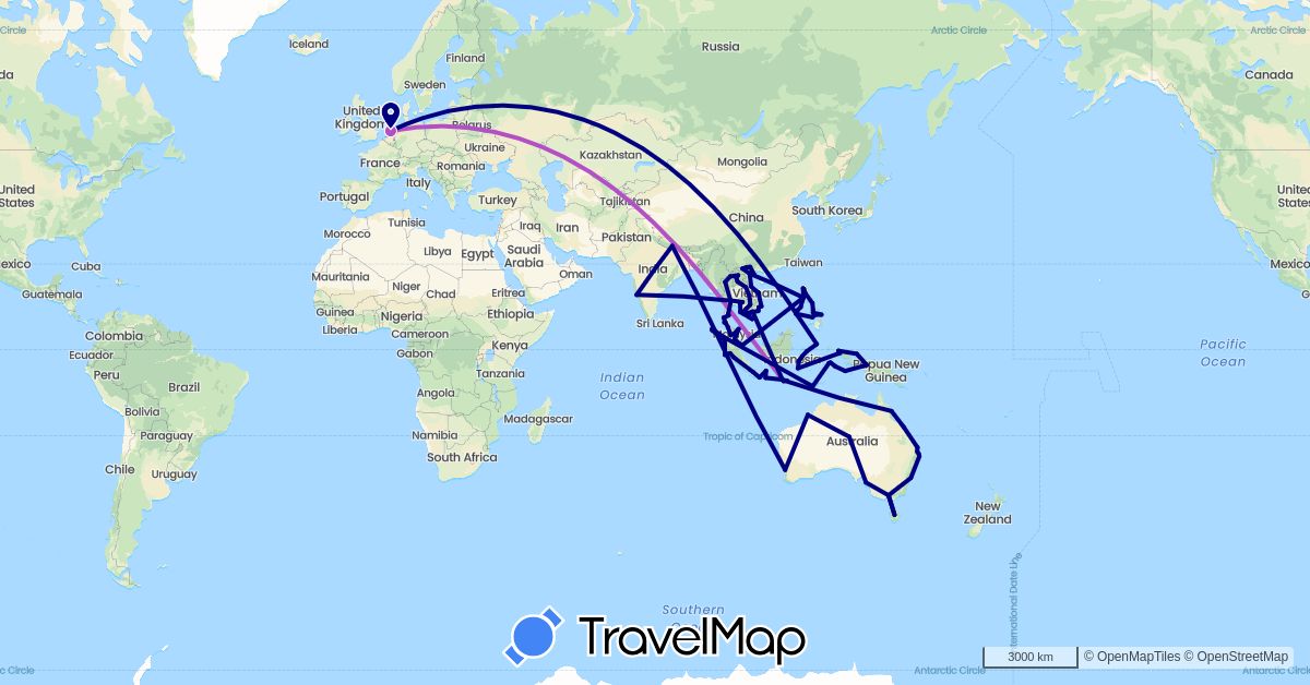 TravelMap itinerary: driving, train in Australia, Indonesia, India, Cambodia, Laos, Malaysia, Netherlands, Nepal, Philippines, Singapore, Thailand, Vietnam (Asia, Europe, Oceania)